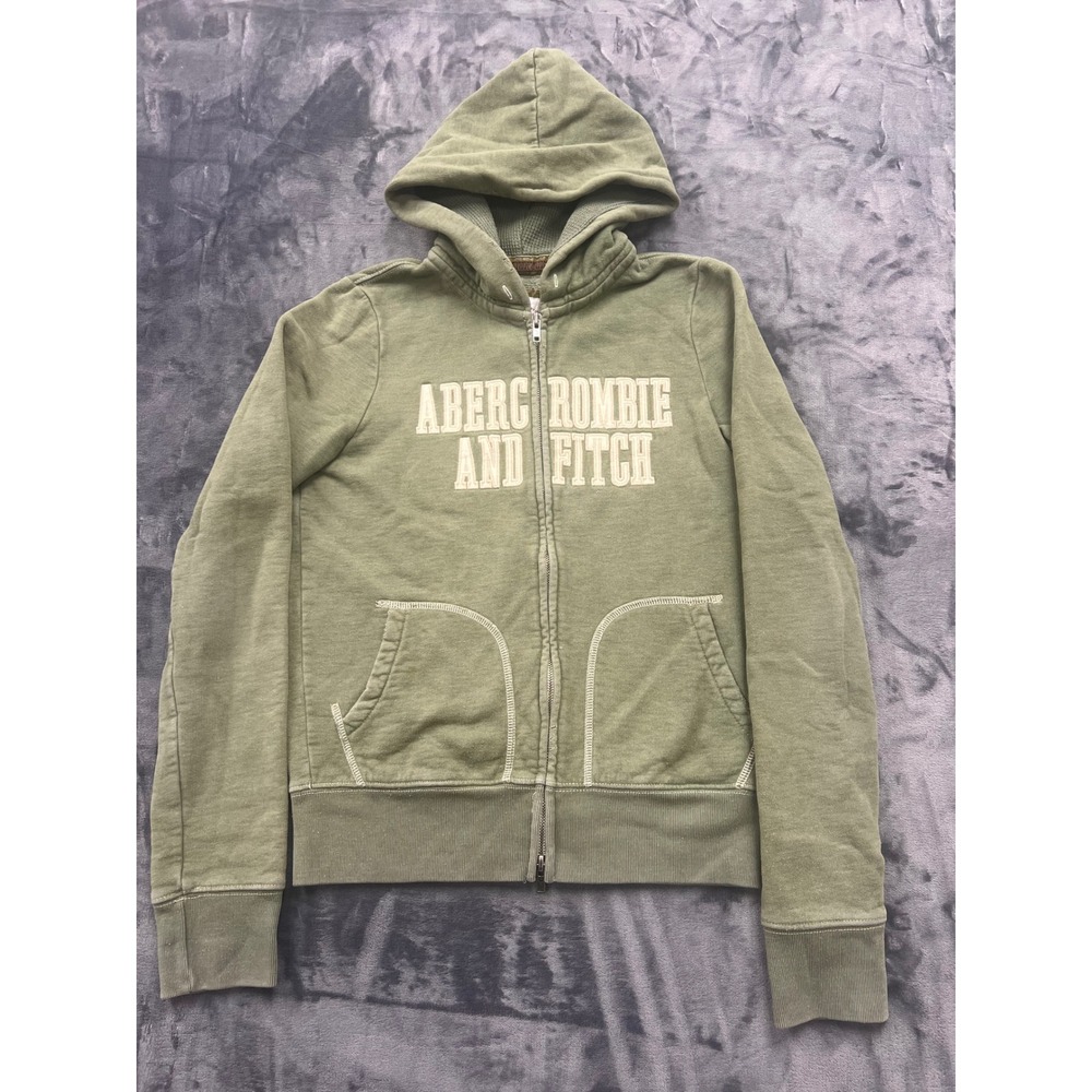 Abercrombie & Fitch Full Zip Hoodie Womens L Olive Green Vintage Y2K Waffle Hood - Picture 1 of 7